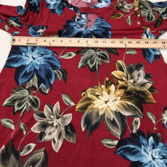 Floral Tunic Top Women Size Medium Summer Red Tropical Bell Sleeve Flowy - Picture 11 of 11